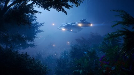 Fototapeta premium Sci-fi aircraft soaring through lush forest. AI image