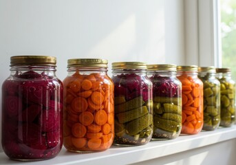 Assorted pickled vegetables in glass jars on a windowsill