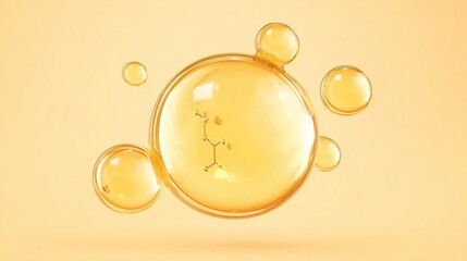 Golden liquid bubbles with molecular structure, set against a soft yellow background, evoking themes of science and chemistry.