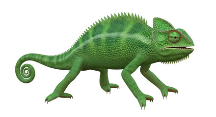 Isolated green chameleon looking left, with curled tail and spiky back ridge, tropical animal