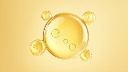 A close-up illustration of golden, translucent liquid droplets against a warm yellow background, emphasizing purity and elegance.