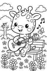 Cute giraffe playing guitar on a park bench surrounded by flowers and clouds