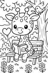 Cute giraffe reading a book on a bench with a bird and heart balloon art