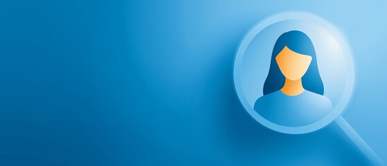 Digital illustration features luminous avatar of person inside magnifying glass on blue background, symbolizing search or identification. design is simple and modern