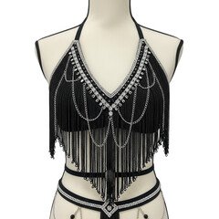 Black beaded fringe halter top costume isolated on transparent background