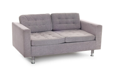 Comfortable gray sofa isolated on white. Used stuff