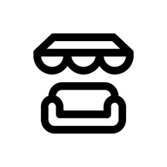 A simple black and white icon depicting a stylized couch underneath a canopy or awning structure design