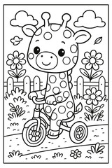 Cute giraffe riding tricycle in garden coloring page vector illustration