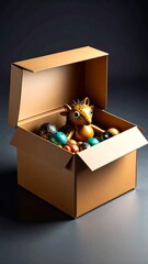 Beige cardboard box with animal figurine and colorful balls