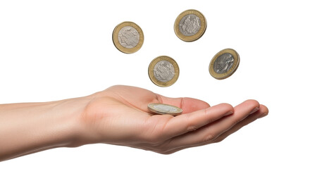 Isolated palm holding coin while more coins appear to be falling, money movement metaphor