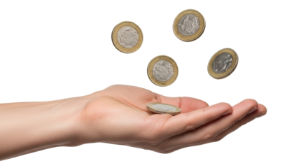 Isolated palm holding coin while more coins appear to be falling, money movement metaphor