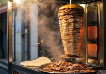 Doner kebab meat being carved from a vertical rotisserie grill