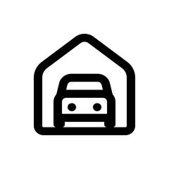 Simple black and white icon of a car inside a house shape representing garage or car storage concept