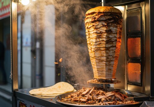 Doner kebab meat being carved from a vertical rotisserie grill