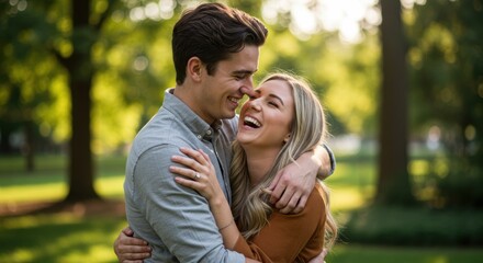 Fototapeta premium Joyful couple embracing in a park romantic lifestyle bright outdoor environment intimate viewpoint