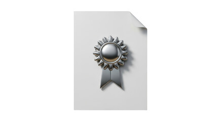 Isolated silver award ribbon on a certificate with curled corner for excellence or achievement