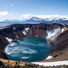 Volcanic crater lake with snowy peaks