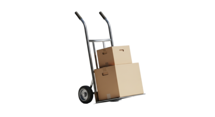 Isolated hand truck with cardboard boxes for moving supplies, shipping, and office relocation