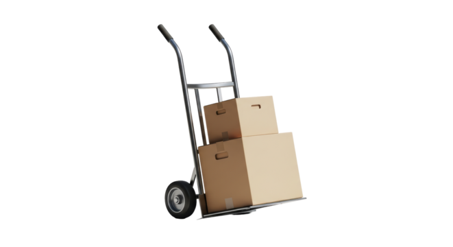 Isolated hand truck with cardboard boxes for moving supplies, shipping, and office relocation
