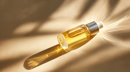 A sleek glass bottle filled with golden liquid, illuminated by soft sunlight casting a warm glow and delicate shadows.