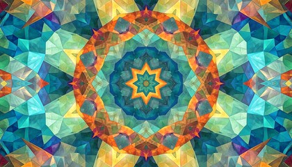 Complex geometric pattern with repeating symmetrical shapes and vibrant, warm colors