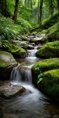A tranquil long exposure captures a gentle waterfall cascading over moss-covered rocks in a lush, green forest.