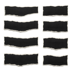 Set of Torn Black Paper Strips Isolated on Transparent Background Collection of eight black torn paper strips with rough white edges, isolated on transparent background.