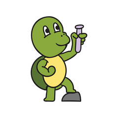 Naklejka premium Smart Turtle Scientist Cartoon Holding Chemistry Bottle Triumphantly