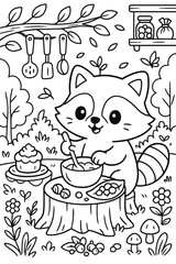 Cute raccoon mixing ingredients for baking in forest coloring page vector