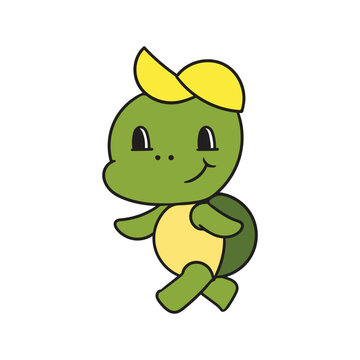 Happy Turtle Cartoon Walking Upright Wearing Yellow Hat
