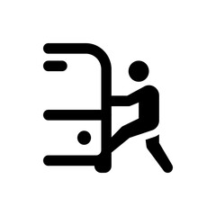 A simple black and white icon depicting a person pushing a large cabinet or storage unit with handles design