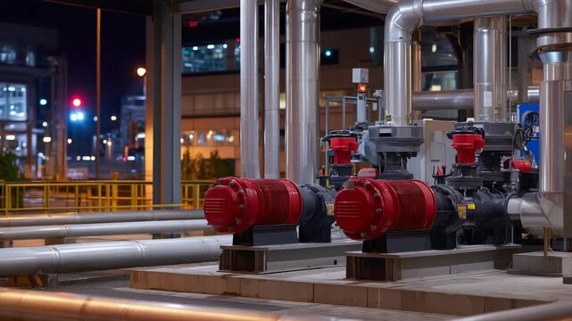 Efficient industrial fire suppression system with red pumps, precisely angled pipes, and a metallic sheen under warm lighting.