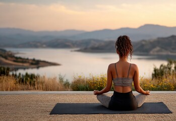 Fototapeta premium Back view of a woman meditating in lotus pose on a yoga mat against a tranquil landscape with a lake and mountains at sunset.