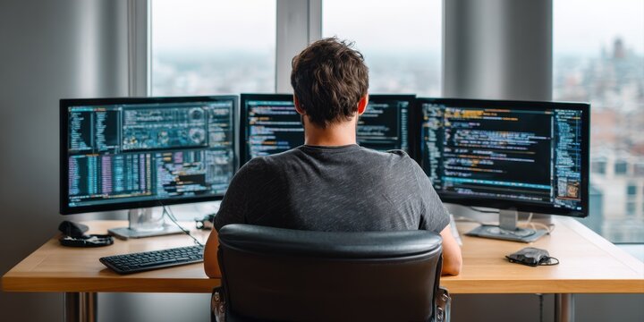 Back view of a programmer coding on three monitors filled with complex code. - Powered by Adobe