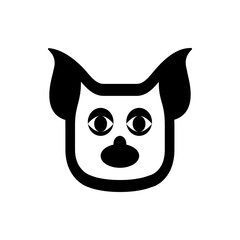 A simple black and white graphic of a cartoon animal face with large ears and round eyes on a white background