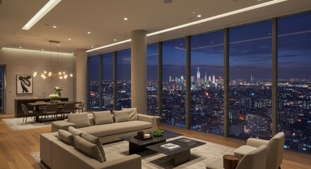 Luxury apartment living room with city view manhattan interior design contemporary nighttime urban elegance