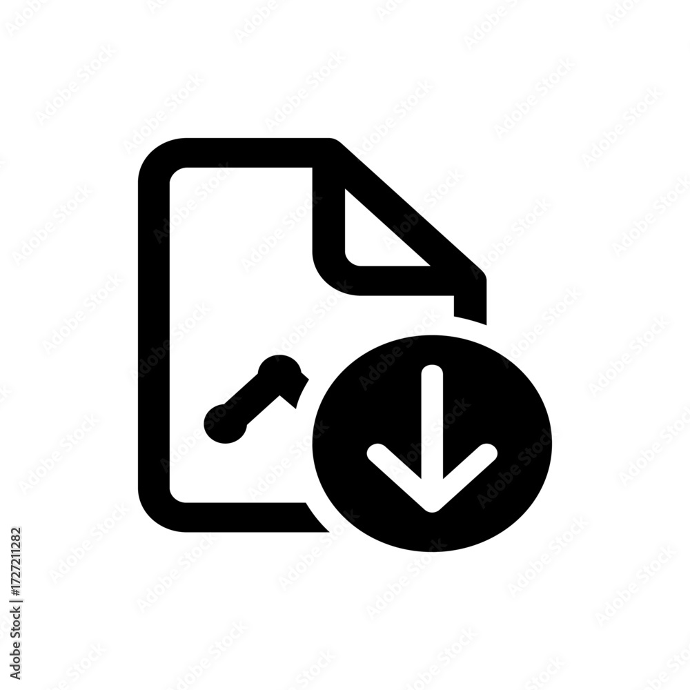 Poster black and white download document icon with arrow pointing down inside a circle shape design element