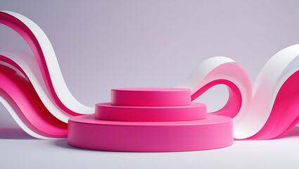 Abstract pink and white wavy paper ribbons forming a backdrop for a tiered display platform