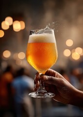 Close-up of an African-American hand holding a splashing craft beer in a wine glass against a blurred background with bokeh lights.