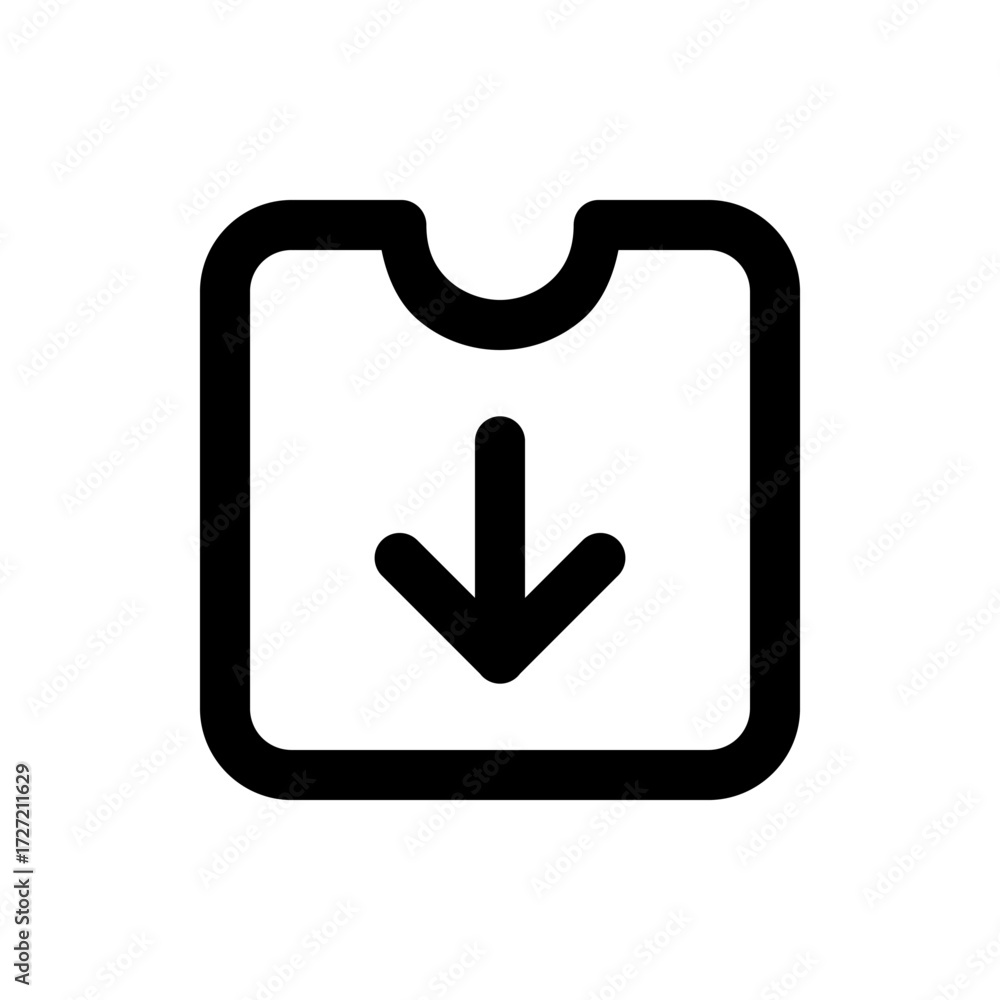 Poster black outline of a rounded square containing a downward pointing arrow and a semicircular cutout at 
