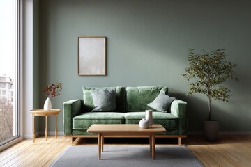 Fototapeta premium Elegant living room interior showcasing a green velvet sofa, wooden coffee and side tables, a framed artwork, and potted plant.