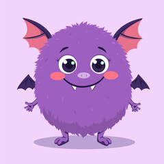 Cute purple vampire monster for Halloween: a fluffy character with bat wings, a smile, and fangs. A vector for kids and holidays.