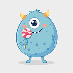 Cute blue one-eyed monster with yellow horns and lollipop — cartoon character on gray background, fun vector for kids, packaging, branding, and design. EPS 10