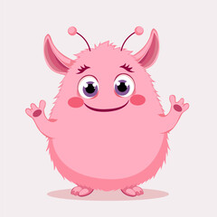 Vector Halloween character: cute pink monster. A fluffy, friendly creature with horns and antennae. Illustration for kids' products, games, and design. EPS 10