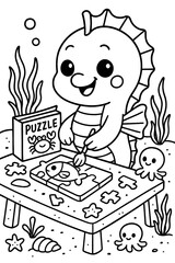 Cute sea dragon solving a jigsaw puzzle under the sea with marine life