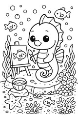 Cute seahorse artist painting fish underwater scene with bubbles and plants