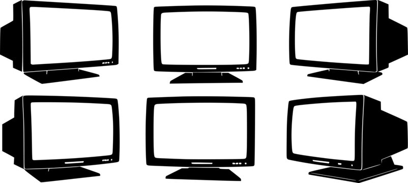 set of vintage CRT monitor silhouettes, retro computer screens for nostalgic tech themes
