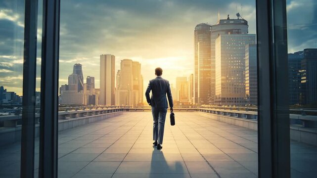usinessman Walking Through Open Doors City Opportunity Success VFX
