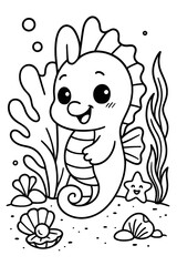 Cute seahorse cartoon illustration with underwater scenery and happy starfish