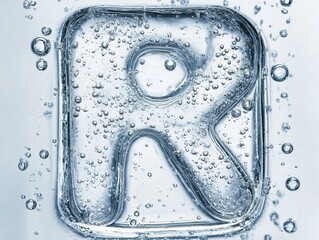 A close-up of the letter 'R' formed by water with bubbles, showcasing a transparent and refreshing visual effect.